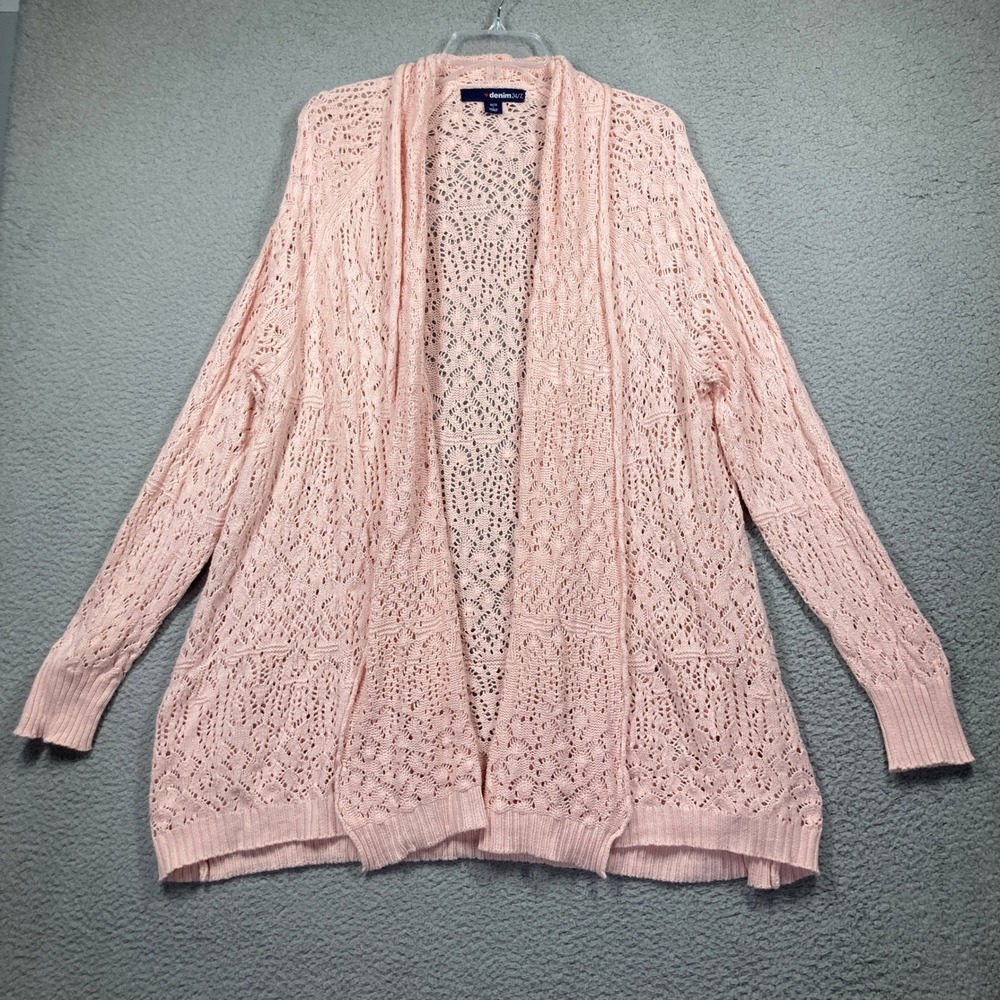 Denim 24/7 Cardigan Womens L 18/20 Pink Pointelle Open Front Knit Dainty Sweater
